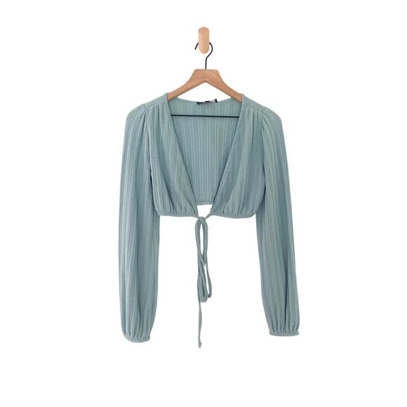 Lulus Vibe Check Ribbed Blue Wrap Crop Top Size Small Balloon Sleeve - Picture 4 of 9